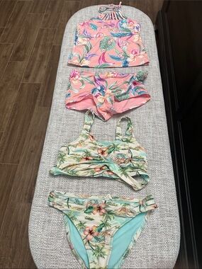 Hobie Girls Tropical Floral Pink & Mint Two-Piece Swim Sets